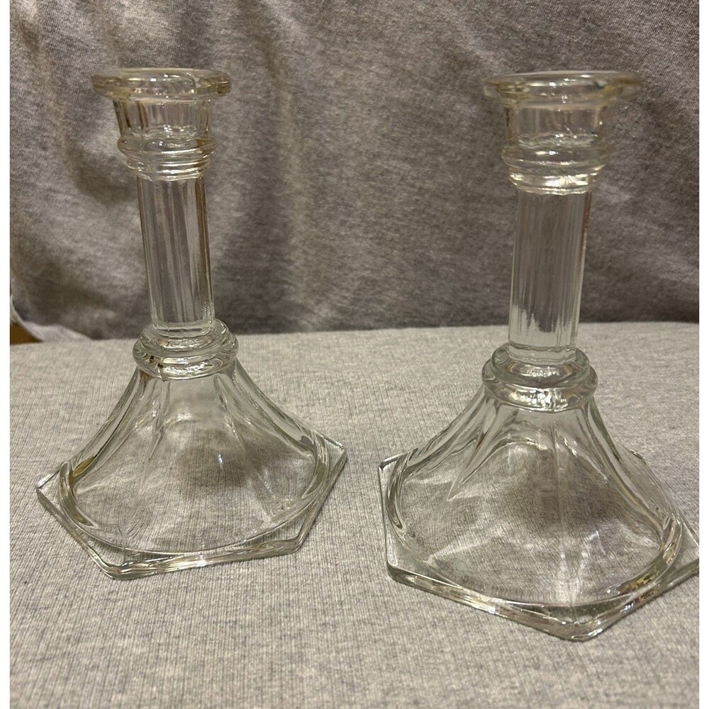 Set of 2 Home Interior Candlestick Holders Hexagon Bases Clear Glass Vintage